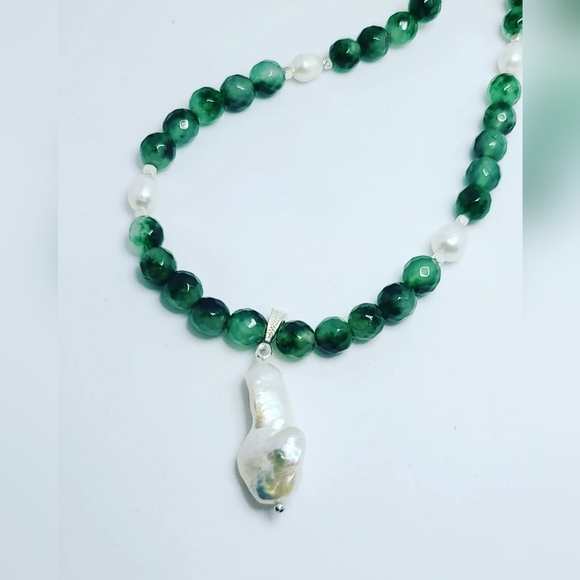 Faceted Moss Agate, Baroque Pearl necklace 8 mm - Picture 4 of 4